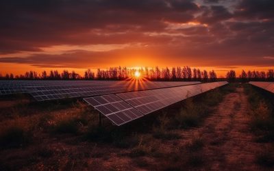 Sun sets on renewable energy futuristic landscape